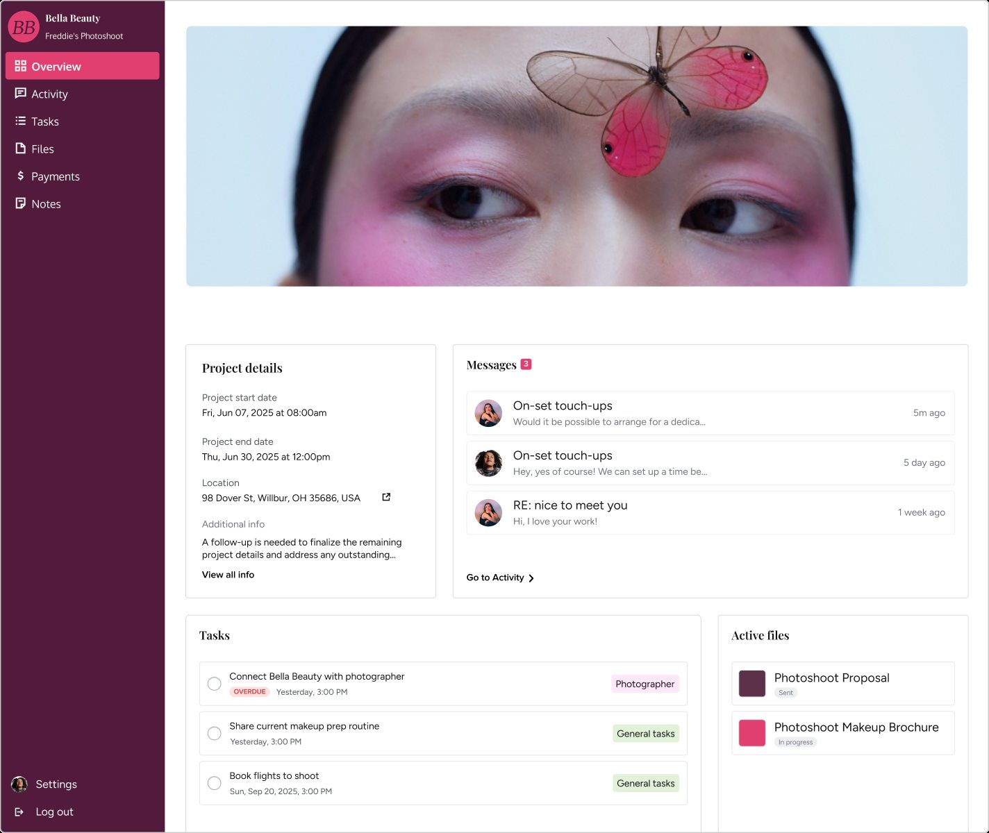 The shipped portal in a makeup artist's brand: burgundy sidebar, a cover photo of a model with butterfly wings, then project details, messages, tasks and active files