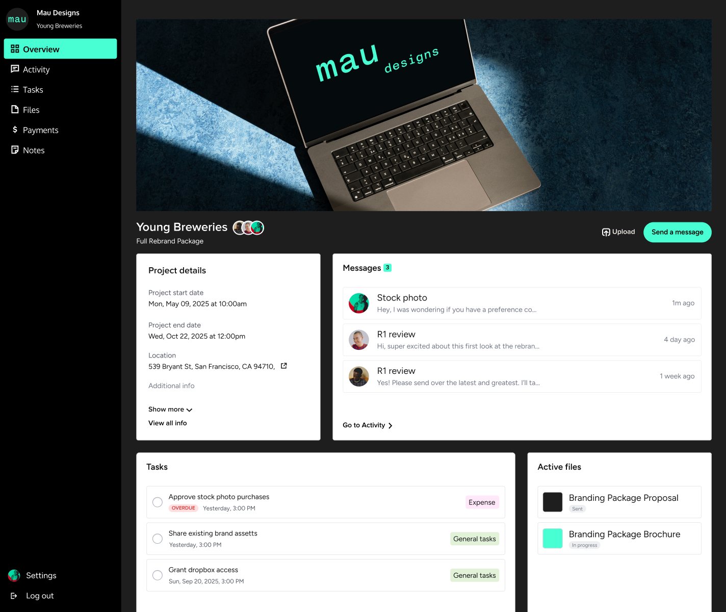 The shipped portal in a graphic designer's brand: black sidebar with a green highlight, a laptop cover photo, and the same project details, messages, tasks and files layout