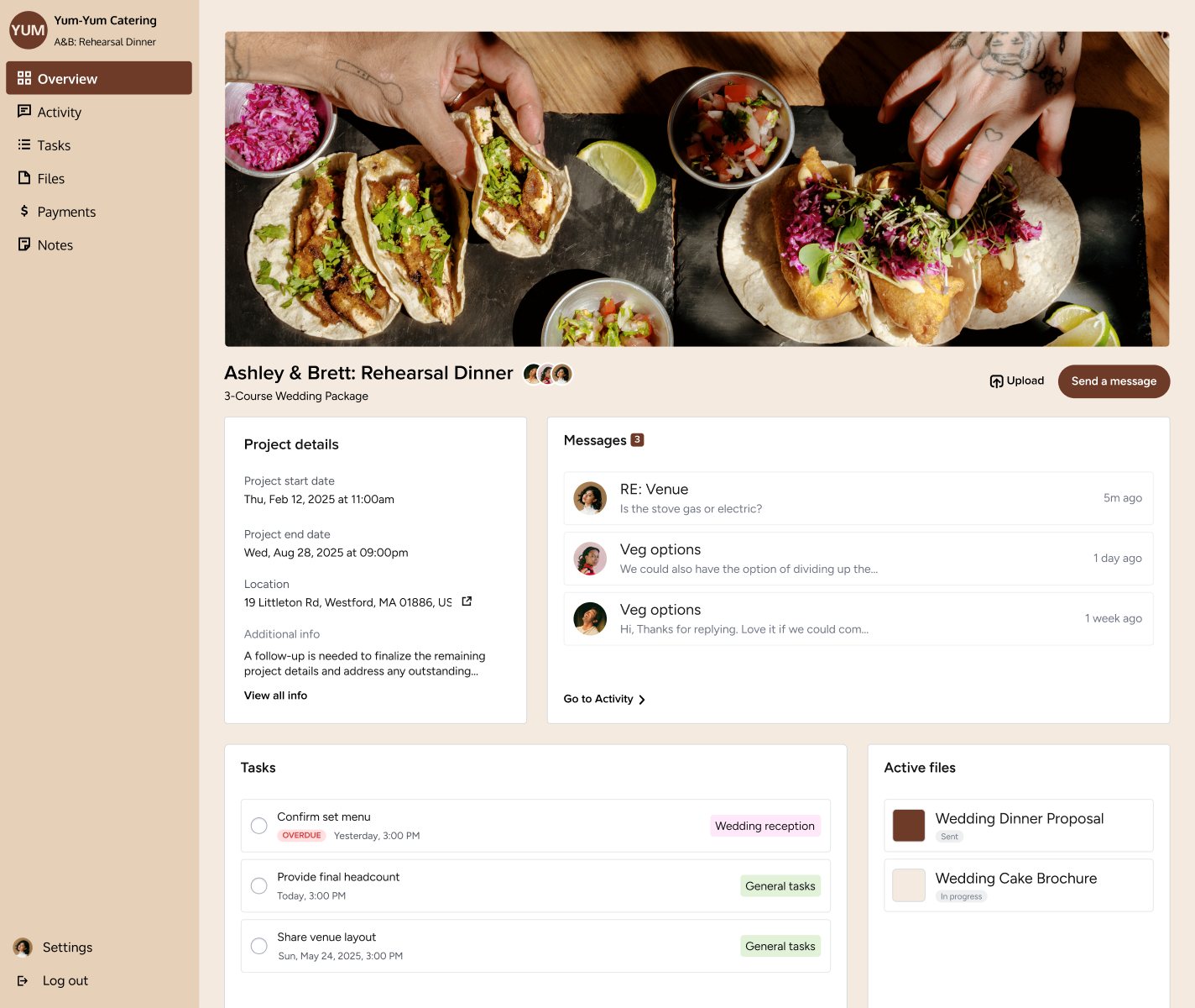 The shipped portal in a caterer's brand: warm cream background, brown sidebar and buttons, a food cover photo, and the project details, messages, tasks and files cards