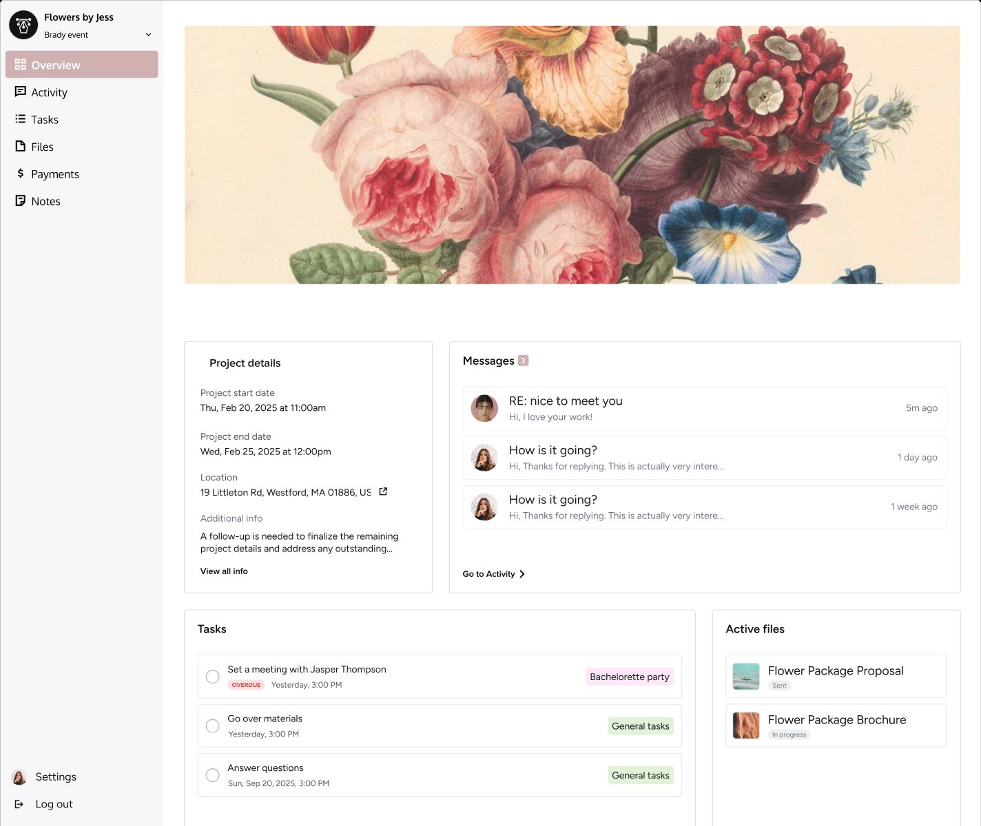 The shipped portal in a florist's brand: light grey sidebar with a dusty-pink highlight, a botanical rose illustration as the cover, then project details and messages