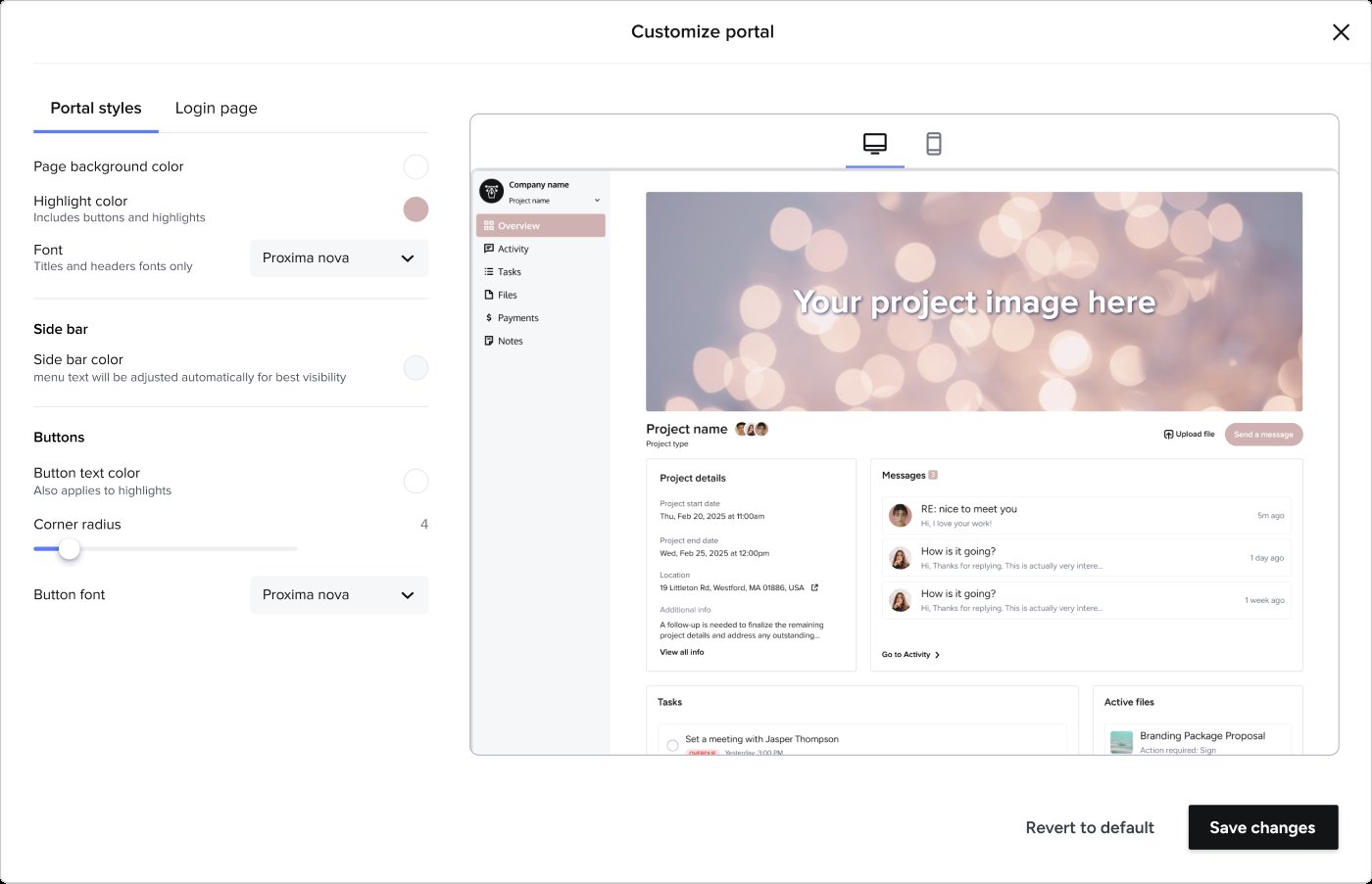 The Customize portal modal: on the left, Portal styles and Login page tabs, then controls for page background color, highlight color, font, side bar color, button text color, corner radius and button font; on the right, a live desktop/mobile preview of the portal; Revert to default and Save changes buttons at the bottom