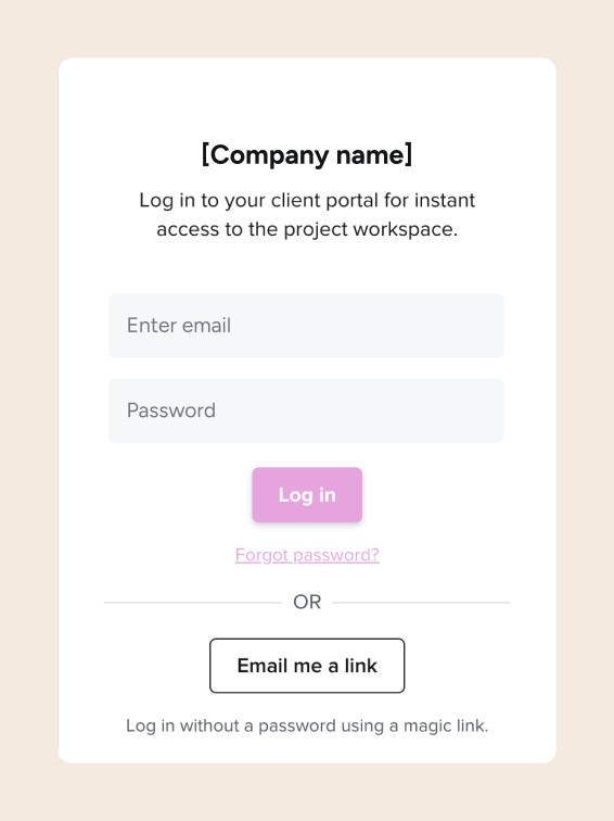 The old client login: company name, email and password fields with a Log in button, Forgot password link, then an Or divider and a small Email me a link button at the bottom