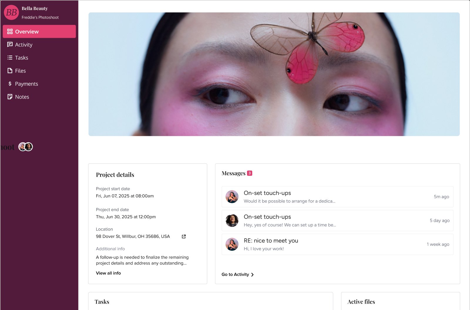 The redesigned portal in a makeup artist's brand: burgundy sidebar with Overview, Activity, Tasks, Files, Payments and Notes, a full-width cover photo, then project details and messages cards