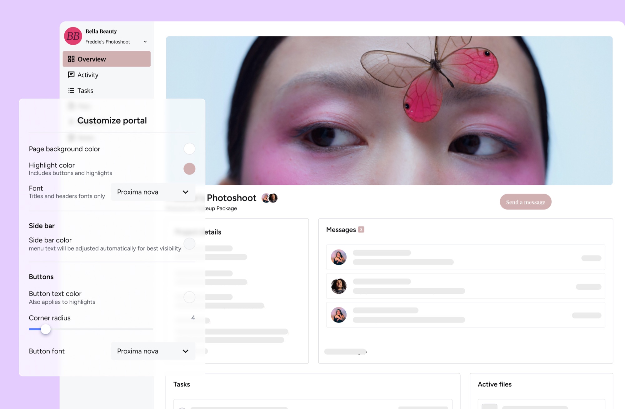 The redesigned HoneyBook client portal in a member's own brand: sidebar navigation with Overview, Activity and Tasks, a full-width cover photo, project details, a messages panel, tasks and active files, with the Customize portal panel open over it showing controls for background and highlight color, font, sidebar color, button text color and corner radius