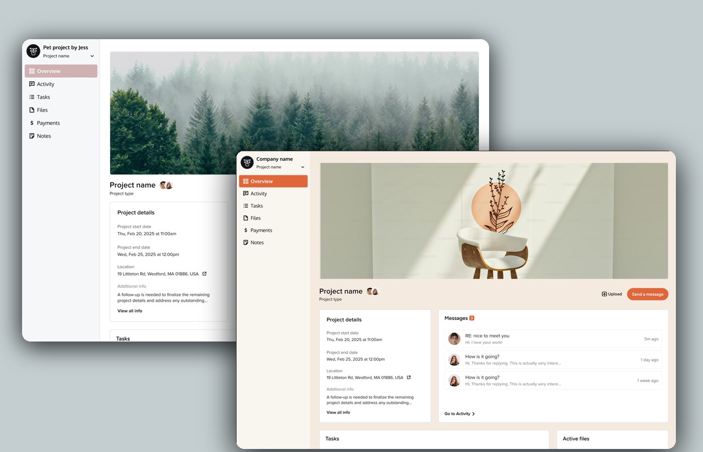The same HoneyBook client portal shown in two different brand themes