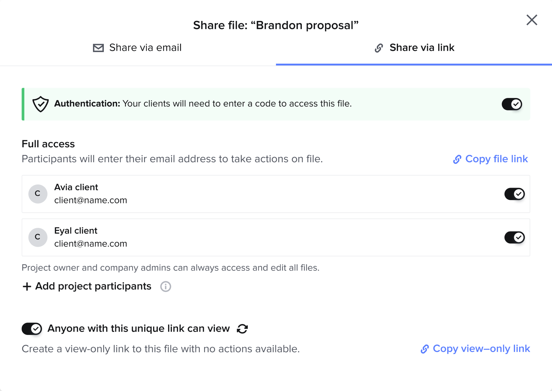 Concept one: the Share via link screen with authentication and a per-recipient list, each participant toggled individually for full access