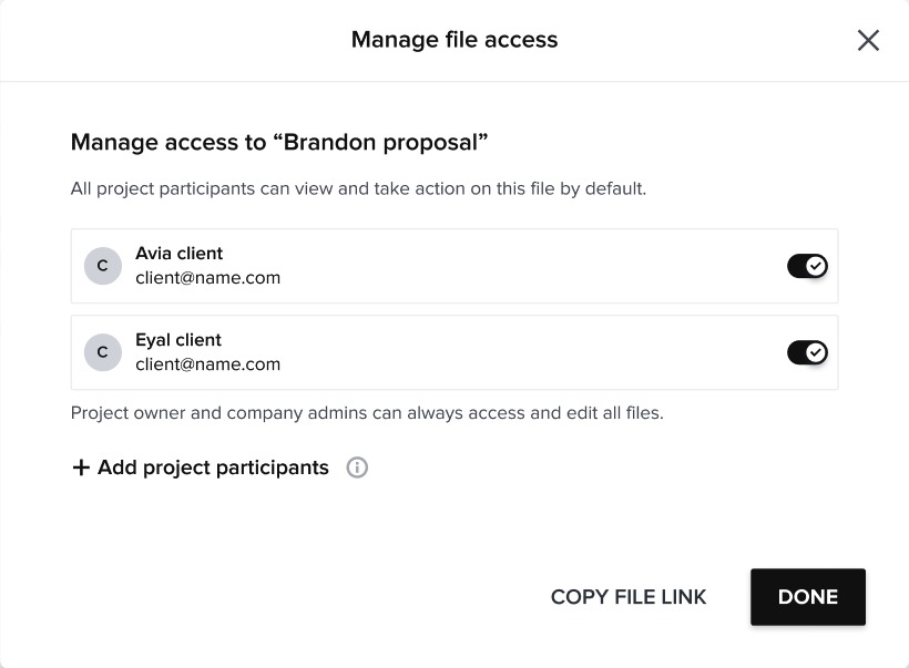 Concept two: a lean Share via link screen paired with a separate Manage file access modal that toggles per-participant access