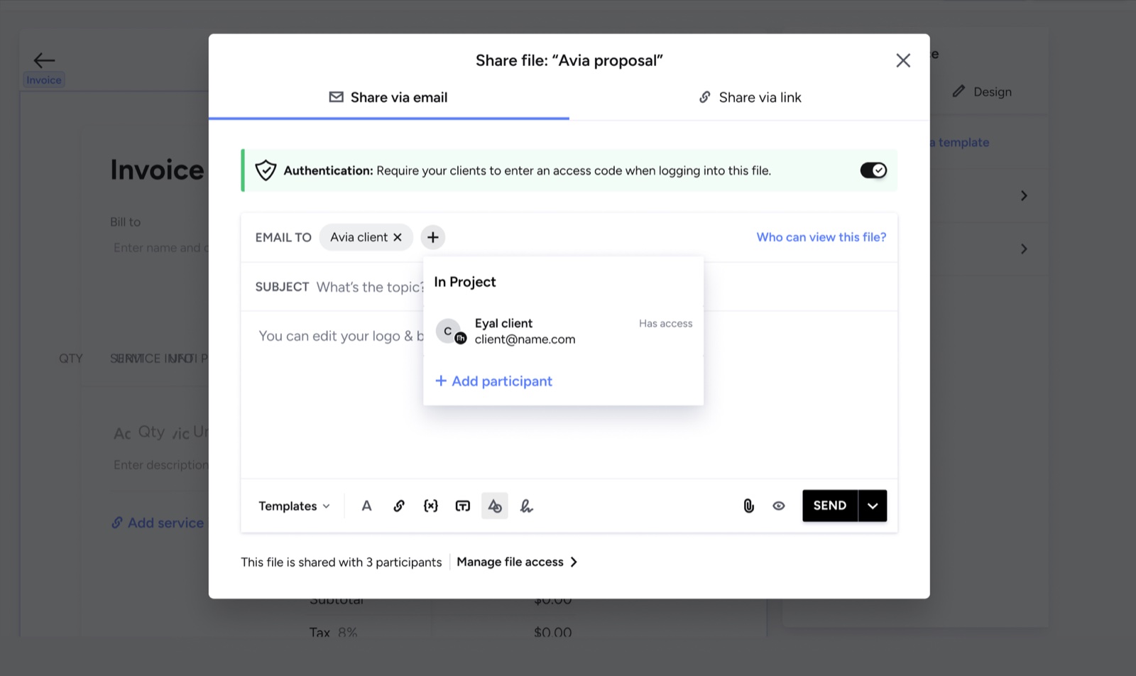 The shipped Share file screen: Share via email and Share via link tabs, an authentication toggle, recipient chips with an In Project dropdown showing who already has access, an Add participant action, and a Manage file access entry