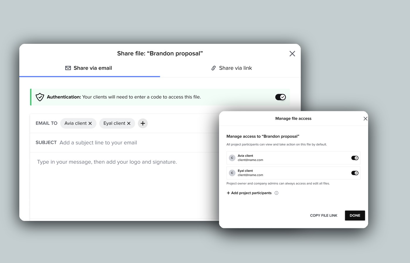 HoneyBook share dialog with selected recipients and per-participant file access controls