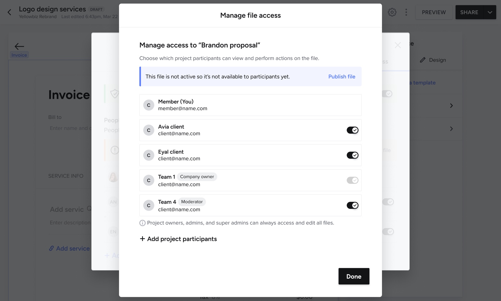 The shipped Manage file access dialog with multiple participants: two clients and two team members, each with their own visibility toggle; the company owner's access locked on while a moderator can be toggled